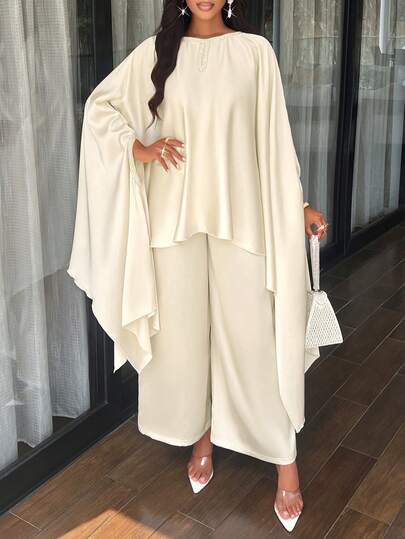 AIJ Women Solid Color Simple Casual Extra Long Shirt + Wide Leg Pants