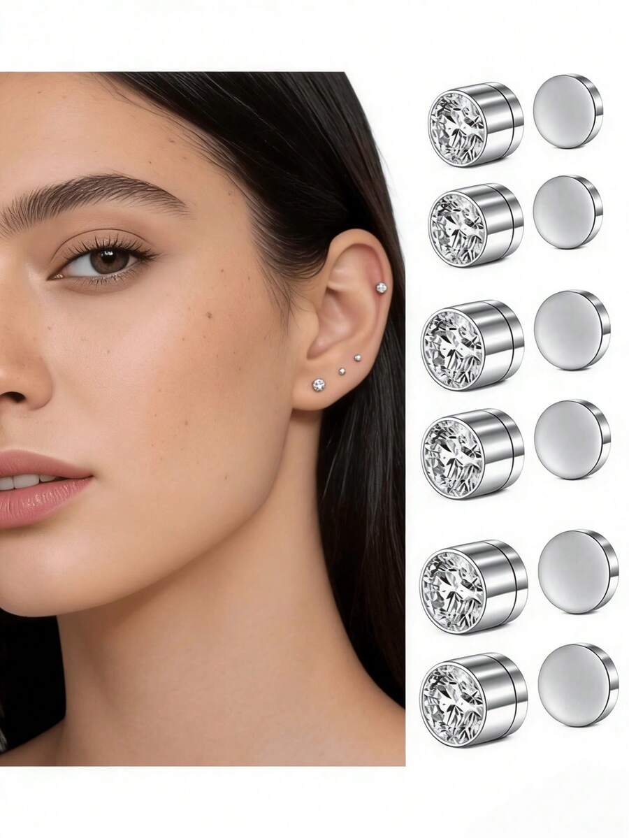 3 Pairs Of Ear Decorations With Silver Inlaid White Diamonds Of 3/4/5mm. From Daily Delicacy To Eye-Catching At Parties, These Multi-Sized Diamond Ear Decorations. They Make Great Holiday Gifts. Suitable For Weddings, Mom's Birthdays, Beaches, And Festivals, They Are Perfect Gifts For Women, Moms, Teachers, Friends, Bridesmaids, Students, And For Back-To-School Occasions. They Are Simple, Beautiful, Stylish And Elegant For Summer. - Silver - View 1
