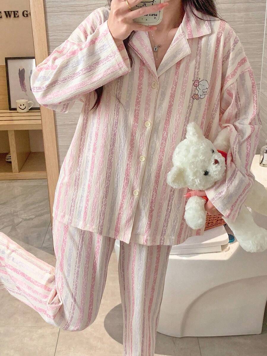 Set Piyama Wanita 2 Potong, Atasan Berkerah dengan Motif Garis-garis Hewan, Celana Panjang Kasual yang Nyaman, Cocok untuk Semua Musim - MultiWarna - View 1