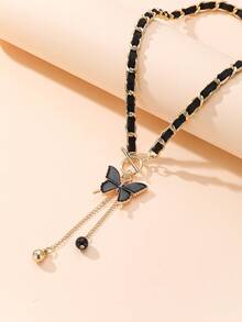 1pc Designer Fashion Butterfly Pendant Ball Tassel Braided Long Necklace, Women's Party & Daily Wear Accessory - Multicolor - View 5