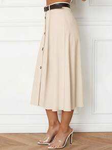 Women's Elegant Mid-Length A-Line Pleated Skirt, Button Front, With Belt, Apricot - Light Apricot Color - View 3