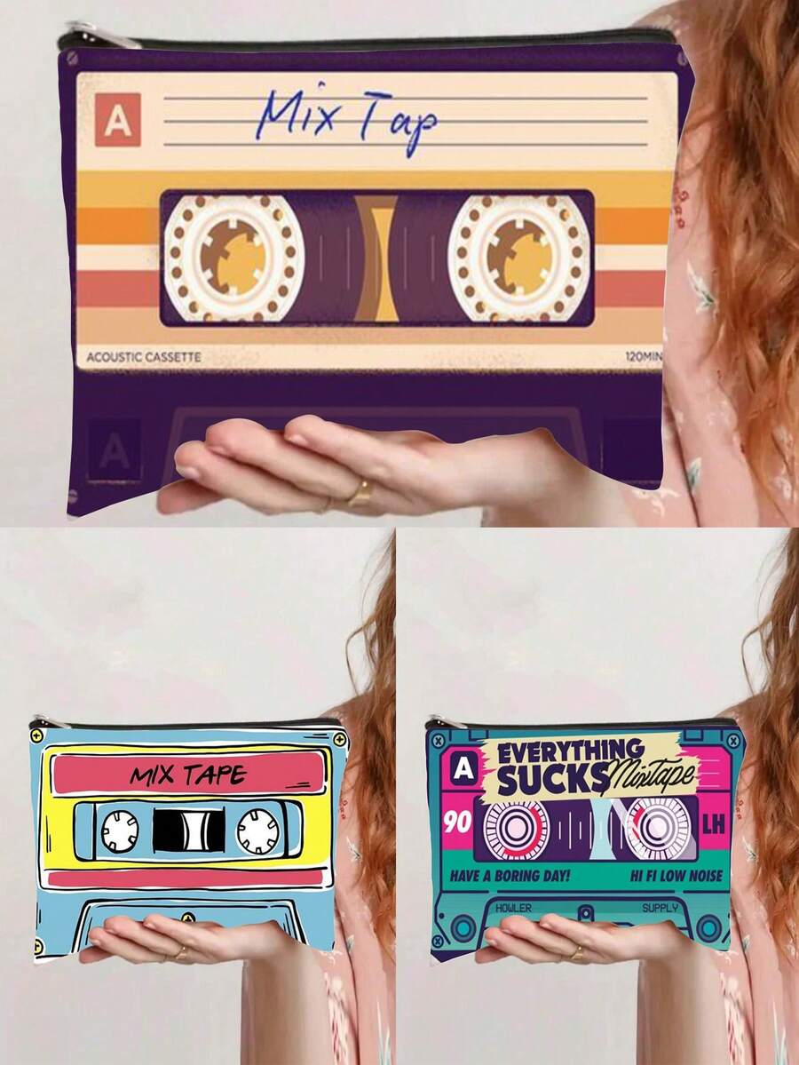 1个复古磁带造型化妆包 - 80年代怀旧设计，印有磁带图案和“人生苦短，及时行乐”字样，方便的拉链设计，适合旅行、露营、健身，男女通用便携式化妆包 - 彩色 - 查看 1