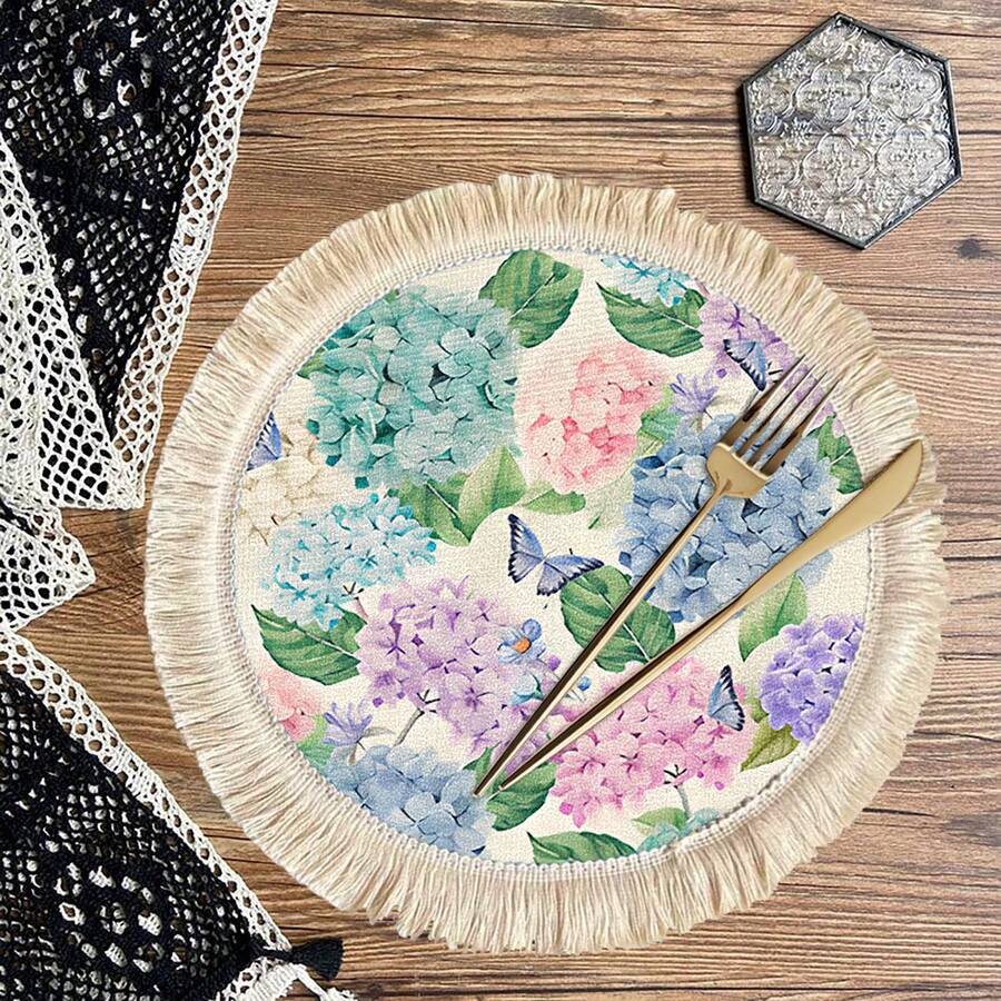 1/4/6件套春夏系列，多色绣球花配亮绿色叶子和蓝紫色蝴蝶亚麻印花流苏桌垫/咖啡杯垫 - 彩色 - 查看 1