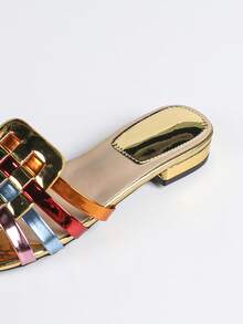 2cm Low Heel Metallic Woven Strap Slide Sandals, Bohemian Style Casual Beach Slippers For Summer - Gold - View 8