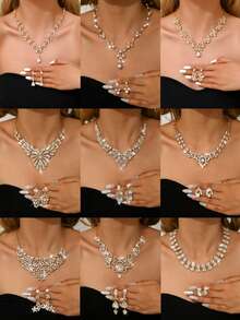 3件套奢华婚礼派对女士礼服水钻装饰珠宝时尚闪亮项链耳环套装，舞会礼服珠宝配饰 - 金色 - 查看 12