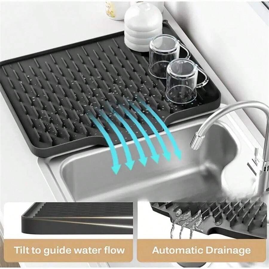 1 pieza Alfombrilla de secado de platos de silicona multifuncional para cocina, 16"X12" con orificios de drenaje incorporados, antideslizante, secado rápido, fácil de limpiar, protector de encimera reutilizable con diseño de drenaje, multifuncional para cocina, baño, autocaravana, lavandería, diseño con ranuras, apto para decoración del hogar, alfombrilla de drenaje de cocina