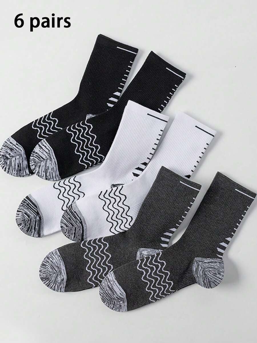 6 Pairs Men's Mid-Calf Socks, Black White Gray Striped Casual Sports Socks, Unisex All Season - Multicolor - View 1