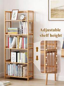 3/4/5 Tier Bookshelf With Bamboo,Minimalist Floor Standing Bookshelf,Rustic Bamboo Construction,Multi-Layer Space, Rounded Corners,For Living Room, Bedroom, Balcony. - 天然竹色 - 查看 5