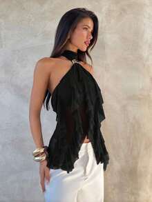 Women's Elegant Multi-Layer Ruffle Trim Stand Collar Fitted Top Purple P0AY - màu đen - Xem 8