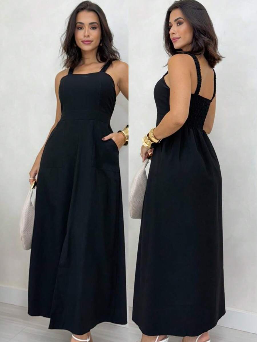 Long Dress Simple Elegant Casual Button Split Side Slit Women Wedding - 黑色 - 查看 1