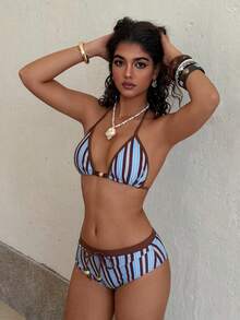 PEPPERMOLLY 女士夏季蓝色两件式比基尼套装，条纹印花吊带背心搭配方形泳裤，性感迷人，时尚泳装，适合假日泳池派对和海滩度假。 - 藍色 - 查看 3