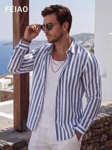 FEIAO Men's Vintage Banknote Striped Casual Long Sleeve Shirt, Versatile Style For All Seasons - Blue and White - View 4