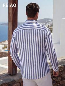 FEIAO Men's Vintage Banknote Striped Casual Long Sleeve Shirt, Versatile Style For All Seasons - Blue and White - View 2
