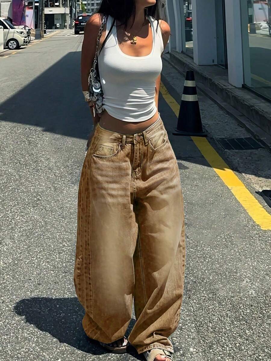 Quần jeans ống đứng màu kaki mài kiểu cổ điển dành cho nữ, thiết kế kiểu Mỹ, dáng rộng thoải mái, ống lửng cho mùa xuân và hè. - Màu Khaki - Xem 1