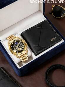 Set de 2 relojes de lujo dorados para hombres, que incluye 1 reloj de cuarzo dorado con función múltiple y números romanos, y 1 billetera de cuero PU con patrón de rombos negros - Dorado - Ver 7