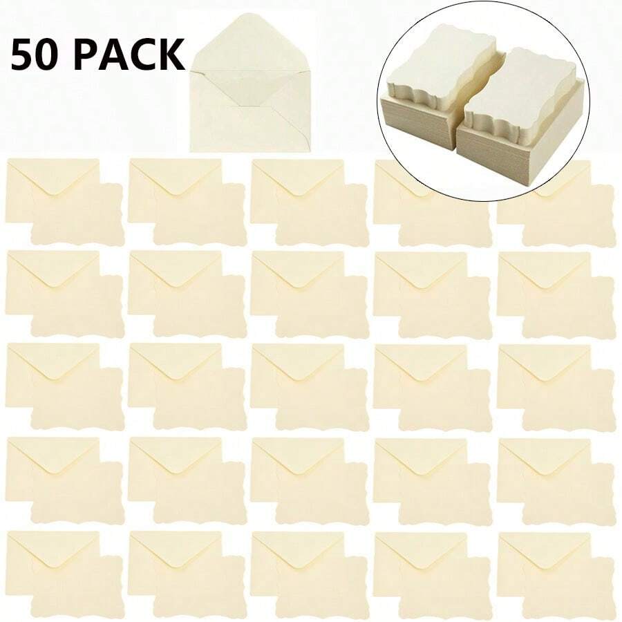 50 phong bì + 50 thiệp, bao gồm thiệp chúc mừng màu be trắng, phong bì nhỏ tự dính, thích hợp cho lễ tốt nghiệp, thiệp mời, tiệc mừng em bé, đám cưới và thiệp hồi đáp.