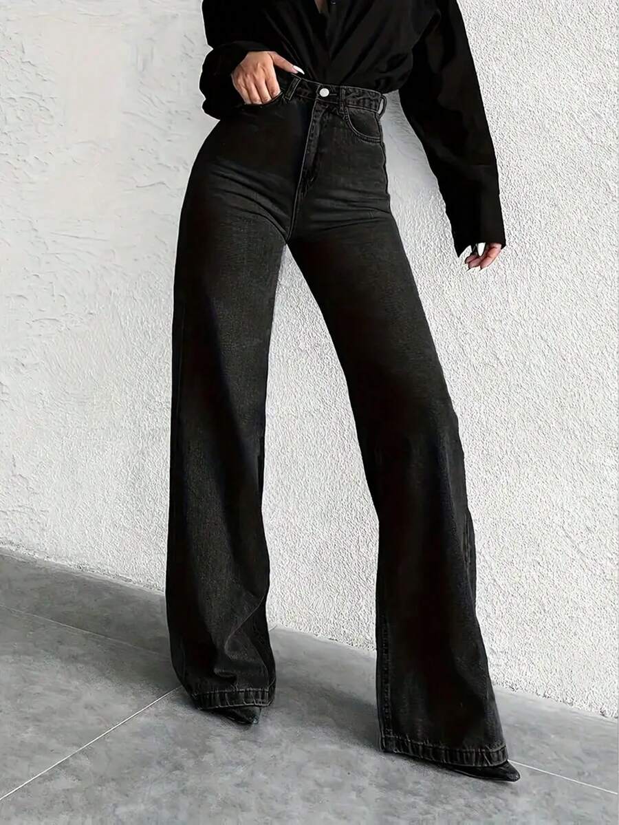 少女高腰修身休闲牛仔裤，带斜插口袋 - 黑色 - 查看 1