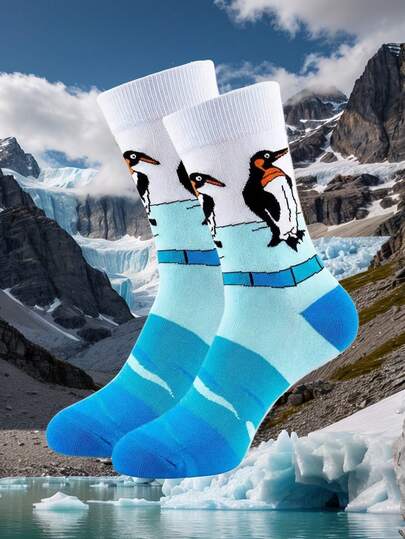 1 Pair Of Fun Men's Penguin-Themed Socks - Ice Scene Style (Cute Penguin & Frosty Prints), Fresh Novelty Socks For Daily Casual Wear, Ideal Choice For Men Who Prefer Playful & Refreshing Styles