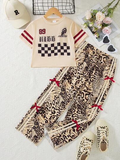2pcs Girls Casual Outgoing Fashion Random Print Decor Short Sleeve Crop Top And Elastic Waist Bow Tie Design Random Print Straight Leg Pants Set, Spring/Summer