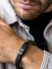 1pc Personalized Name Engraved Leather Cord Bracelet, Black Braided Leather Cord Letter Custom Wristband, Gift For Dad, Father's Day, Handmade Custom Gift, Birthday Gift, Christmas Gift - Multicolor - View 13