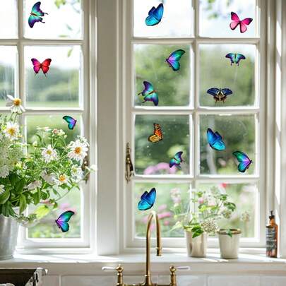 1 Stück Pastoraler, bunter Schmetterling Fensteraufkleber, selbstklebende transluzente Tür/Fenster Dekoration, frische Blumen Szene Verschönerungsaufkleber