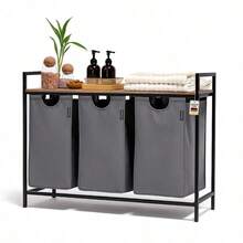 Roxlin Wäschekorb mit 3 Fächern – Wäschesammler mit Deckel & Ablage – Wäsche Sortierer aus Metall – Schmutzwäsche Organizer für Bad, Schlafzimmer, Waschküche - Schwarz - Übersicht 9