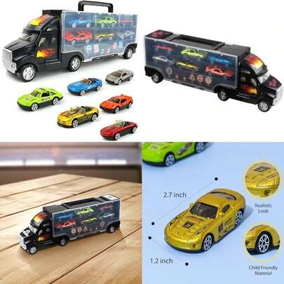 Big Mo's Toys Transport Car Carrier Truck - With 6 Stylish Metal Racing Cars - With Carrying Case(Default)