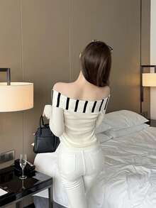 甜美女孩条纹撞色露肩长袖毛衣，女士早春服装 - 杏色 - 查看 8