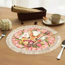 1/4/6pcs Easter Collection, A Light Brown Rabbit Peeking Out From A Cluster Of Tulips, The Outer Circle Surrounded By A Ring Of Blooming Pink Tulips Dotted With A Small Pink Butterfly, Linen Printed Tassel Placemat/Coaster - Multicolor - View 4