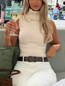 Women's Elegant Sleeveless High Neck Cropped Top, Ribbed Knit Stretchy Vest - Apricot - View 1