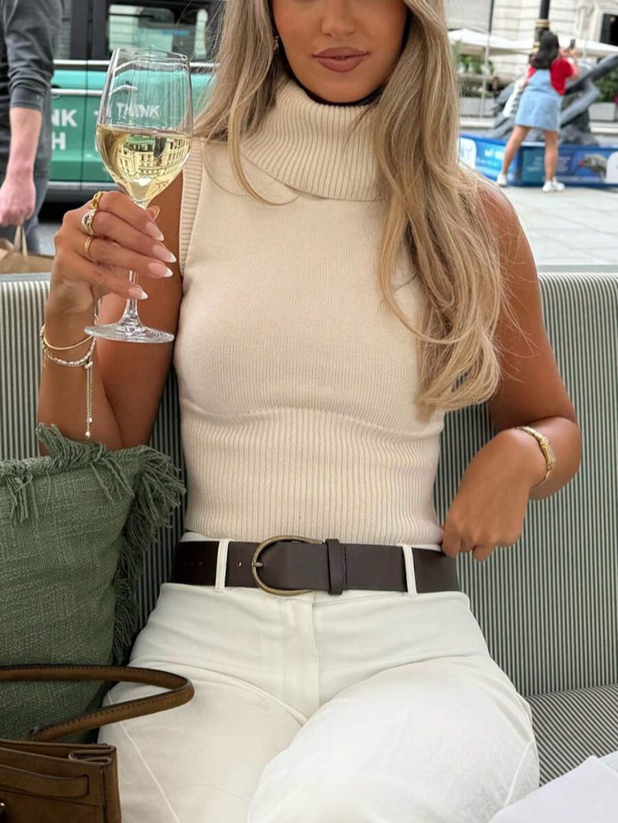 Women's Elegant Sleeveless High Neck Cropped Top, Ribbed Knit Stretchy Vest - Apricot - View 1