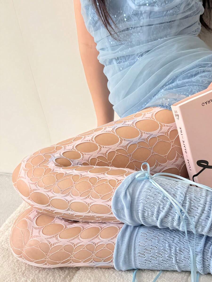 1 Pair Women's Y2K Tie-Dye Gradient Hollow Fishnet Pantyhose, Slimming And Leg-Lengthening, Non-Slip, Suitable For Party, Dates, Daily Wear - Pink - View 1