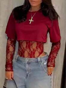 Women's Sheer Lace Short Sleeve Crop Top, Solid Color Lace Patchwork See-Through Bodysuit Daily Wear, Dating, Single Party, Stage Performance, Spring/Summer KI9I - Đỏ - Xem 4