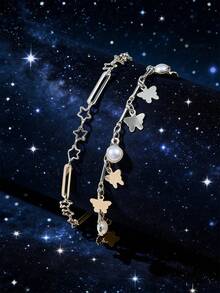 1条多层金属星星、太阳、月亮手工链条珍珠手链，适合女士日常佩戴 - 鏤空鋯石星星銀色 - 查看 6