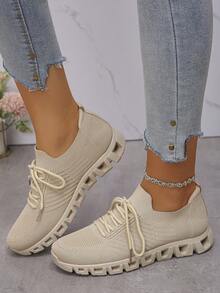 1 Pair Thick Sole Elevated Soft Sole Sneakers, Spring/Autumn New Mesh Casual Shoes - Apricot - View 5