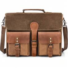 NEWHEY 15.6 Inch Men's Vintage Genuine Leather Large Laptop Briefcase, Waterproof Canvas Messenger Bag, Durable Leather Computer Bag, Brown - Multicolor - View 11