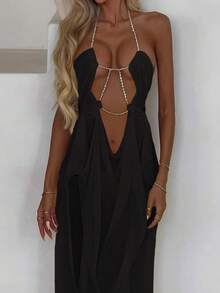 Vacation Sexy Style Mesh Chain Patchwork Hollow Out Backless Halter Neck Evening Dress Wedding - Black - View 5