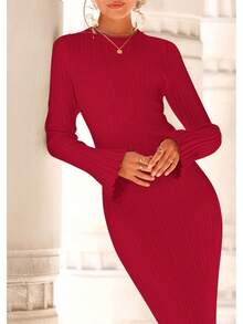 Vestido maxi de punto de cuello redondo y manga de campana, ajustado al Body, para mujer, otoño-invierno 2026 - Rojo - Ver 6