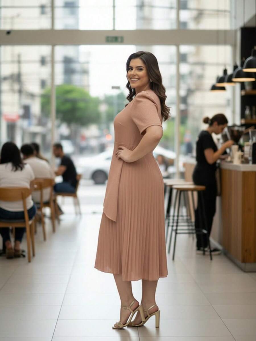 Fabric: Dune Casual Party Elegant Boho Conservative/Modest Pleated Fabric Ruffled Hem Faux Buttons Dresses Elegant And Casual Homecoming Birthday Party Daily Holidays All Seasons - 裸色 - 查看 1