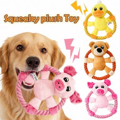 可爱小猪/鸭子/熊造型宠物发声玩具，内置哨子吸引宠物注意力，绳索设计方便咀嚼和清洁牙齿，适合互动玩耍，也适合中小型犬玩拔河游戏。