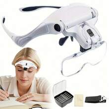 Head-Mounted Magnifying Glass With LED Lighting, Adjustable Headband, 5 Interchangeable Lenses 1.0X/1.5X/2.0X/2.5X/3.5X, Suitable For Reading, Repairing, Jewelry Processing, Electronic Repair - White - View 3
