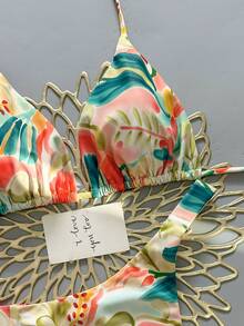 ROMWE Avant 两件套休闲可爱优雅性感波西米亚风花卉系带编织比基尼泳衣，海滩度假，春夏 - 彩色 - 查看 4