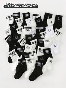 20/10/5/1 Pair Kids Classic Black & White Sports Socks, Letter "Good Vibes"/Double Bar Heart/Minimalist Smiling Face/Numeric Pattern Decor, Soft Breathable Casual Mid-Calf Socks, Suitable For Sports, Outdoor, School, Travel, Random Color & Style Assorted - Black and White - View 17