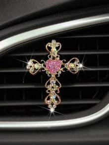 1pc Rhinestone Heart Car Air Outlet Perfume With Gold Rhinestone Cross Interior Air Conditioning Decoration - một kích cỡ - Xem 3