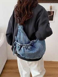 High-Quality Plaid Drawstring Dumpling Bag, Multifunctional Daily Commute Shoulder Crossbody Bag, Fashionable & Distinctive Design - Blue - View 3