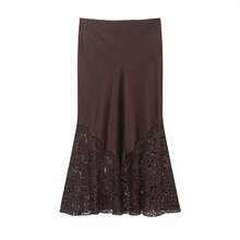 DEEKA Nouvelle jupe en satin à taille mi-haute avec garniture en dentelle, style minimaliste européen et américain, collection printemps/été pour femmes - Tabac - Voir 8