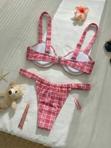 Bộ bikini nữ gợi cảm màu đỏ kẻ caro, có gọng, dây đeo rộng, thích hợp cho tiệc bể bơi và kỳ nghỉ hè trên bãi biển. - Màu Đỏ Sâu - Xem 4