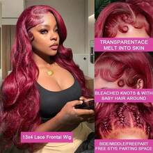 34英寸 200% 密度 13x4 波浪卷发蕾丝前假发，带婴儿发 - 即戴即走，无需胶水，无需技巧 - 勃艮第红 #99J - 预剪预拉预烫真发巴西原生蕾丝闭合假发，无需胶水 - 混合式前额真人发假发，无需胶水编织假发，适合女性日常佩戴，易于佩戴的混合发 - SBUG/99J - 查看 3