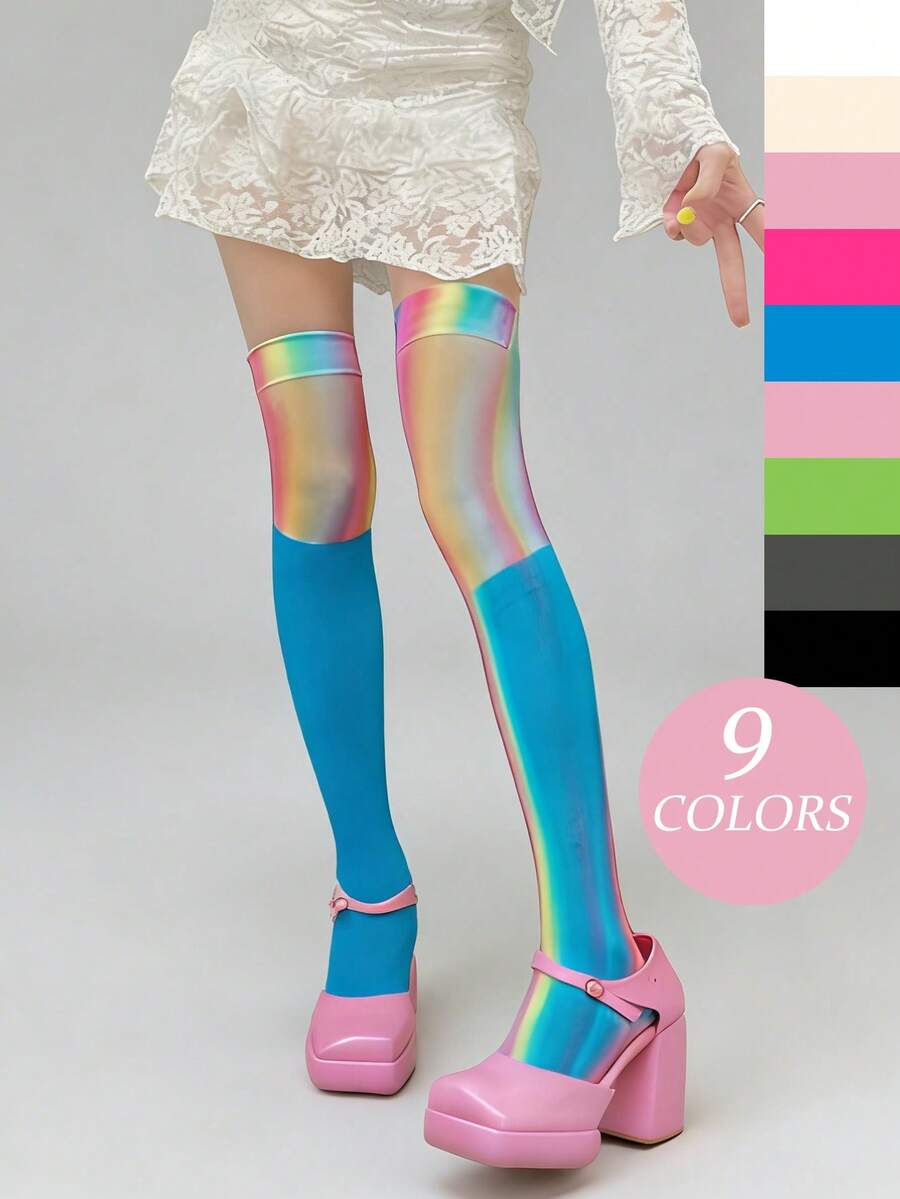 1双洛丽塔风格荧光个性化过膝袜，运动时尚显瘦长袜，天鹅绒纯色百搭袜，Y2K撞色过膝长袜，闪亮角色扮演派对/日常穿着袜