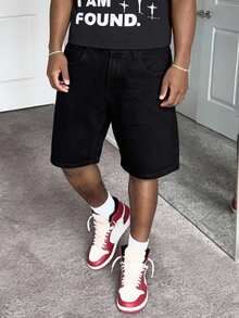 男士黑色及膝宽松直筒牛仔短裤，百搭休闲设计，日常穿着，夏季必备 - 黑色 - 查看 3
